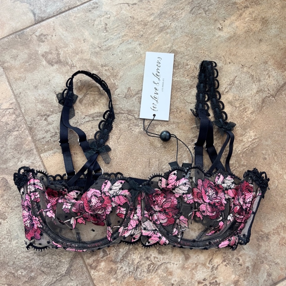 For Love And Lemons Juliet Black and Pink Floral Lace Bra XS